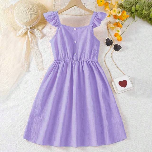 SHEIN Tween Girl Cap Sleeve Square Neck A-Line Dress With Elastic Waist, Casual Solid Color Mid-Length Dress, Summer Clothing