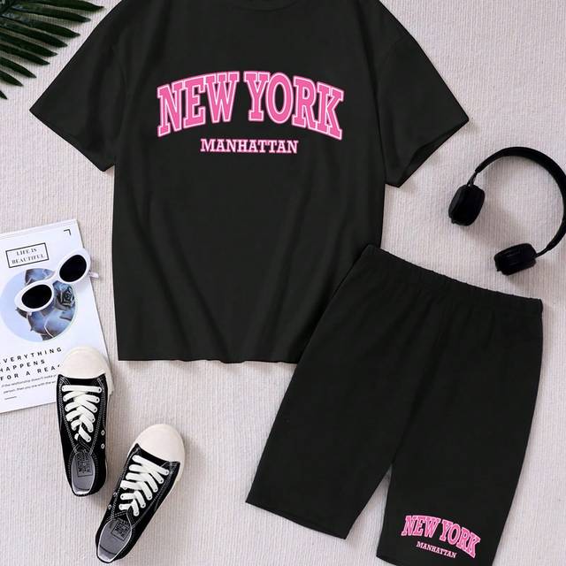 SHEIN Tween Girl Round Neck Letter Printed Casual Short Sleeve T-Shirt And Leggings Two-Piece Set