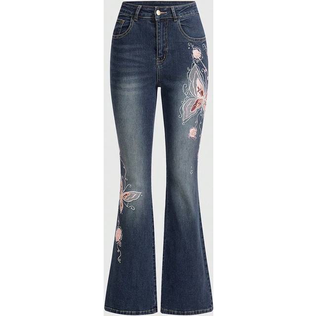 ROMWE Vintage Y2K Butterfly Rose Jacquard Embroidered Women Low Waist Slim Fit Flare Denim Jeans, School