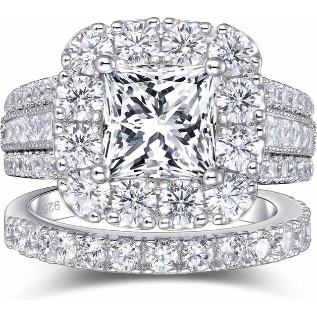 AIHUASI 2pcs/Set 925 Sterling Silver Wedding Engagement Women Rings Vintage Style 7.5*7.5mm 2.5Ct Princess Cut High Grade Cubic Cubic Zirconia Luxury Bridal J