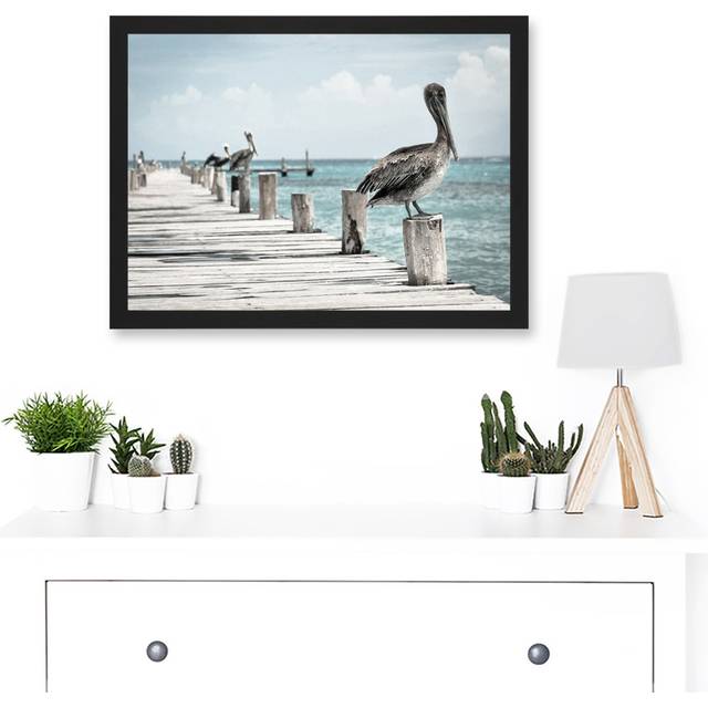 Animal Photo Bird Pelicans Ocean Pier Artwork Framed Wall Art Print - Blue;Grey (33cm H x 44.5cm W x 1.5cm D)