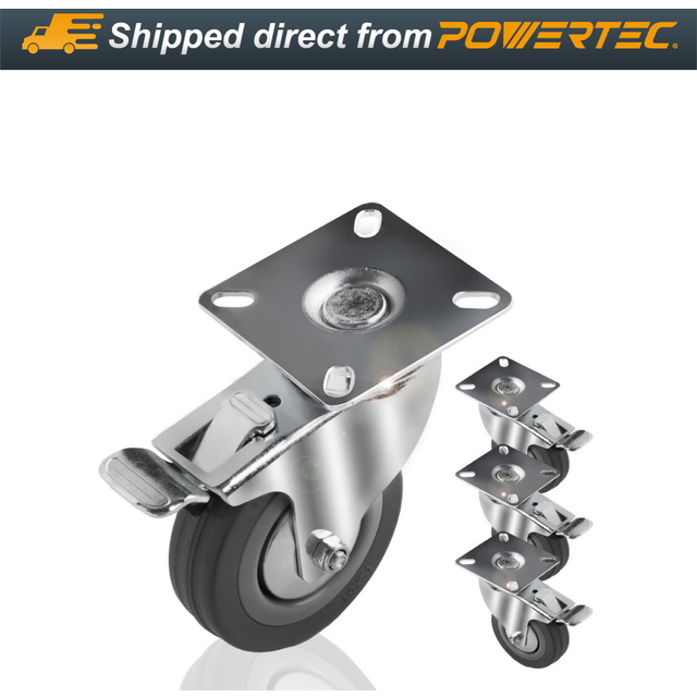 POWERTEC 3 Inch Swivel Caster Wheels Set of 4 with Brake  640 lbs Loads  Heavy Duty Plate Casters  Dual Locking Rubber Castor W