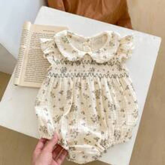 Babykläder i ny sommarstil för 0-2-åriga flickor, trendig och mångsidig kortärmad bodysuit med blommönster - Aprikos (6-9M,12-18M,18-24M,3-6M)