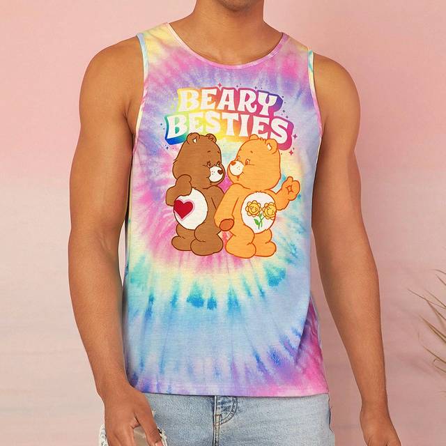 SHEIN Men&#39;s Summer Cartoon Fantasy Dopamine Seaside Vacation Care Bear Pattern Rainbow Tie-Dye Fitted Tank Top
