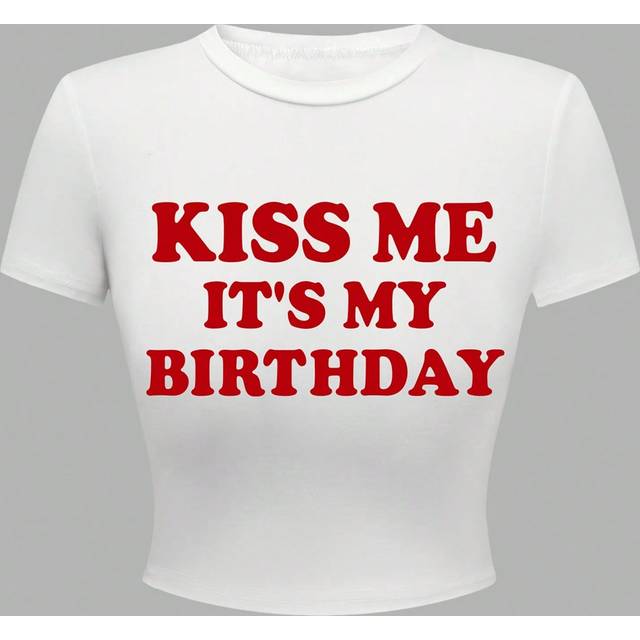 Flirla White Birthday Letter Slogan Print Round Neck Cropped Short Sleeve T-Shirt Graphic Tees Women Tops