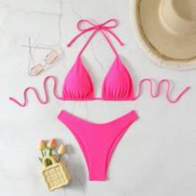 Enfärgad V-hals Halter Bikini Set, Beach Outfit Baddräkt Sommar - Skrikrosa (L,M,S,XL,XS)