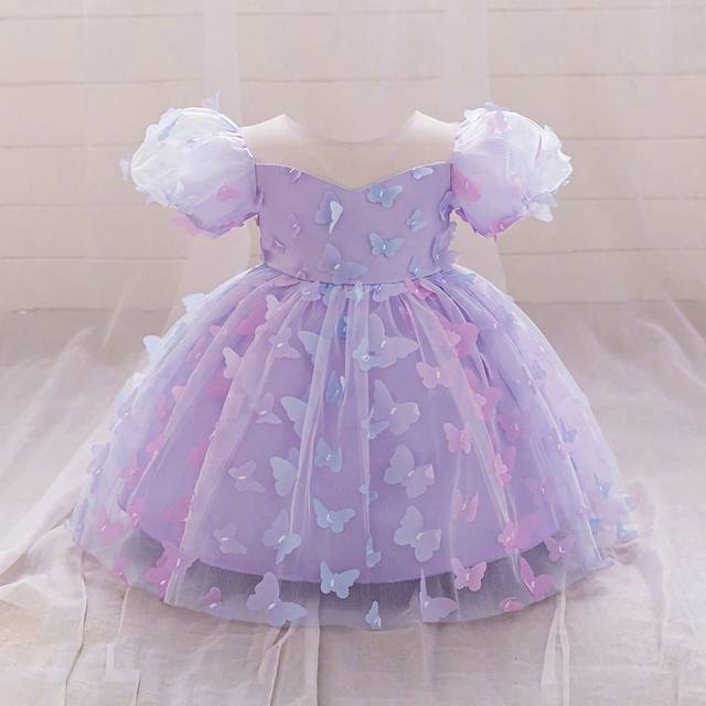 SHEIN Baby Girls Colorful 3D Butterfly Decor Puffy Skirt, Cute Flower Girl Dress Suitable For Outdoor Party, Excluding Hair Accessory