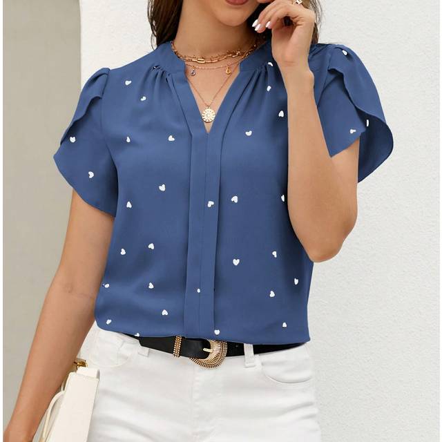 SHEIN Sping Heart Print Petal Sleeve V-Neck Summer Beach Women Blouse,Short Sleeve Tops