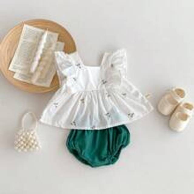 Baby Girl Sommar Cap ärm Topp och enfärgade shorts Set med blommönster - Grön (6-9M,9-12M,12-18M,18-24M,3-6M)