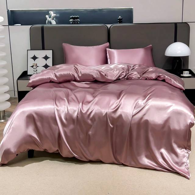 SHEIN 3pcs Premium Dusty Pink Silky Satin Duvet Cover Bedding Set, Soft Breatheable Wrink-Free Better For Sleep, Luxury Hotel Style, Gift For Mom Dad Friend
