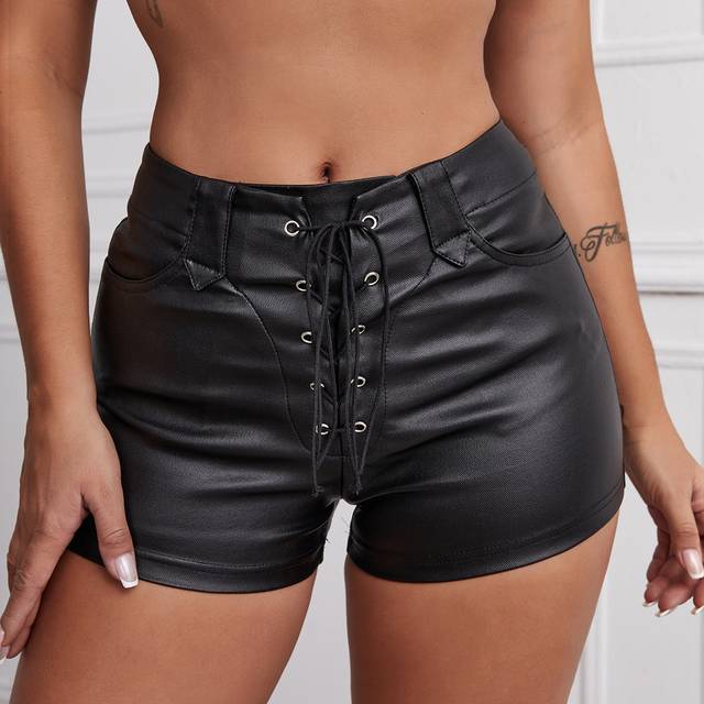 Calvaya Garment Eyelets Lace Up Front Solid Shorts