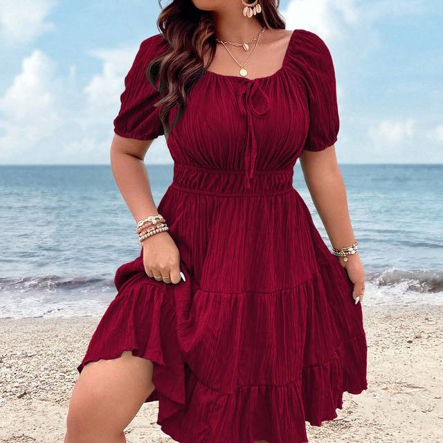 Breezaya Plus Size Women&#39;s Plain Simple Daily Short Sleeve Dress Burgundy Color Women Outfit