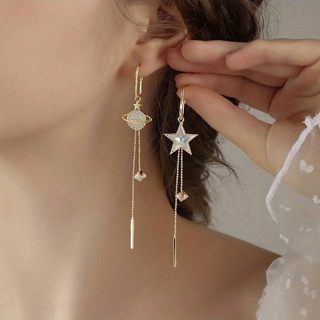 SHEIN 1 Pair Asymmetric Earrings With Star Planet & Pentagram Design, Shiny Elegant Alloy Jewelry, Exquisite Gift