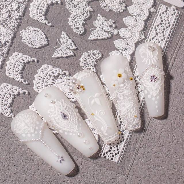 SHEIN 2 Pieces Of White Hollow Lace Ultra-Thin Texture European Style, Baroque Nail Sticker Decals Suitable For Casual And Bridal Makeup Scenes, Important F