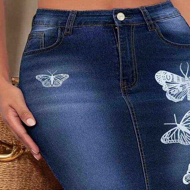 SHEIN Women&#39;s Butterfly Printed Fringe Denim Skirt, Summer