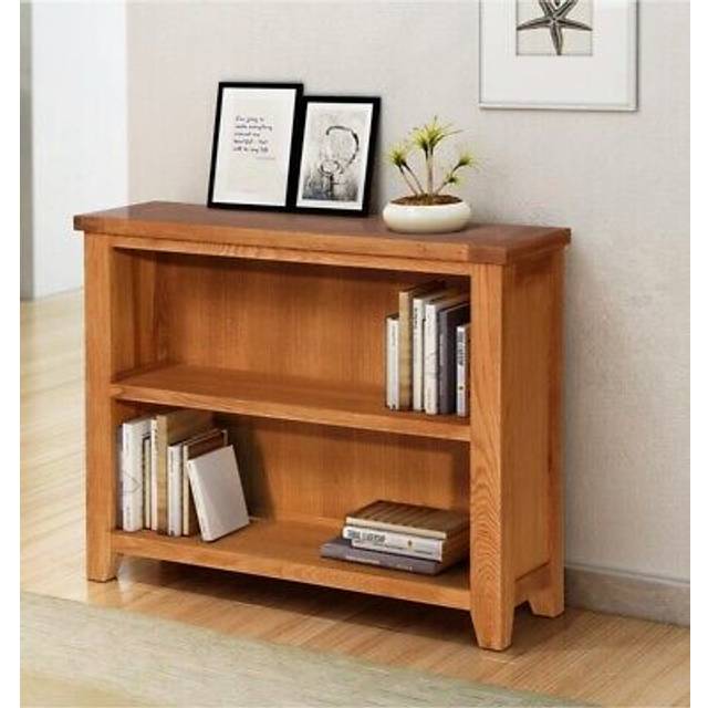 Hallowood Furniture - Cotswold Oak Wide & Low Bookcase with Shelf, Solid Wooden Book Shelf, Book Case Unit in Medium Oak, Cube Storage Unit, Low