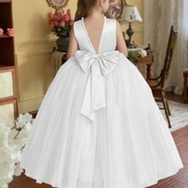 Elegant Blomsterflicka Pärldekor Rosett Rygglös Klänning, Prinsessa Formell Klänning För Fest, Bröllop, Födelsedag - Vitt (7Y,9Y,5Y,14Y,11Y,13Y)