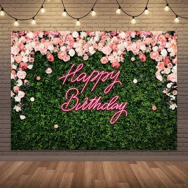 SHEIN 1pc, Green Leaves Happy Birthday Backdrop, Polyester Fabric Neon Rose Flower Floral Blossom Botanical Plant Nature Feet Women Girls Photography Backgr