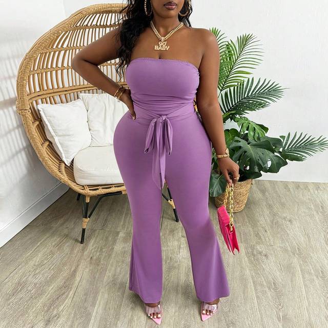 Slaydiva Elegant & Daily & Party Wear Sleeveless Bandeau Jumpsuit With Belted Waist And Ruched Upper Body Design, Flared Pants Style, Plus Size For Women, Suit