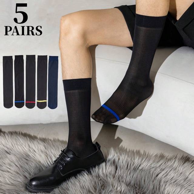 SHEIN 5 Pairs/Set Men&#39;s Striped Mid-Calf Socks, Colorblocked Sheer Business Dress Socks, Plus Size Long Tube Socks For Spring And Summer