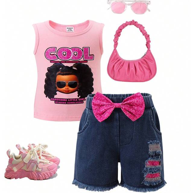 SHEIN Baby Girl Summer New Sleeveless Top Top & Bowknot Denim Shorts Set