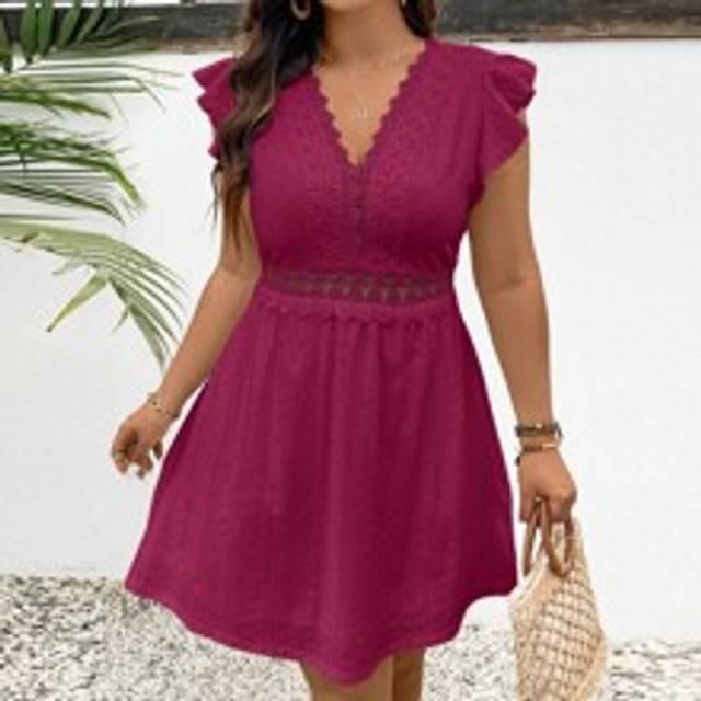 Plus Size Kvinnors Patchwork Spets Sommar Bröllopsklänning Röd Gästklänning A Line Cap Sleeve Swing Dress - Bourgogne (0XL,1XL,2XL,3XL,4XL)