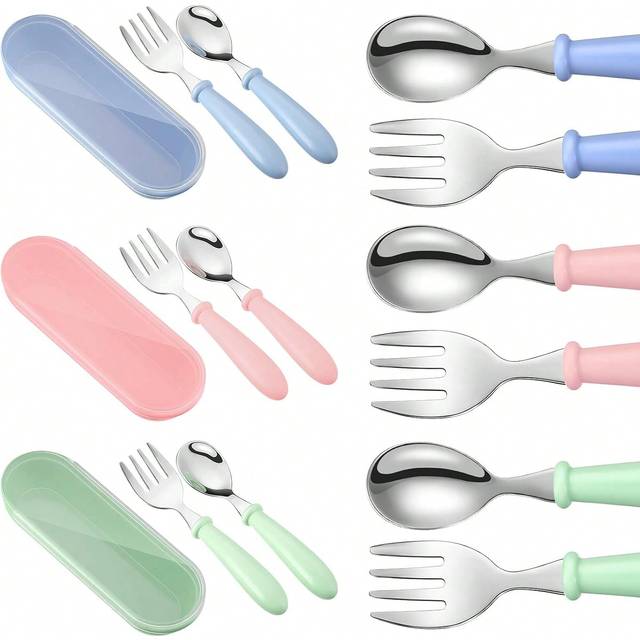SHEIN 2 Pieces Toddler Utensils Stainless Steel Fork And Spoon Safe Baby Silverware Set, Kid Safe Utensils Children&#39;s Flatware Kids Cutlery Set With Round H