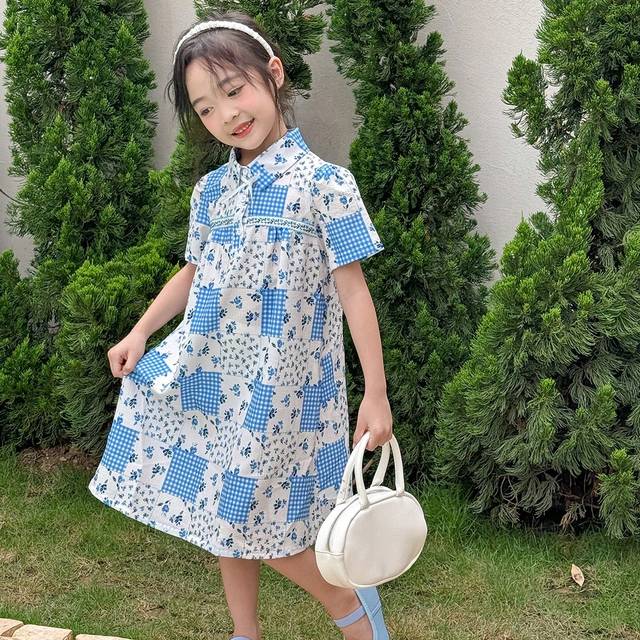 SHEIN Young Girl&#39;s Vintage French Countryside Inspired Blue Plaid & Ditsy Floral Casual Comfortable Ruffled Collar Dress, Suitable For Summer, Autumn, Picni