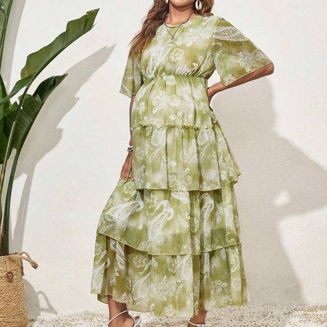 SHEIN Maternity Paisley Print Multi-Layer Ruffle Hem Dress
