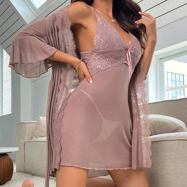 SHEIN Contrast Lace Flounce Sleeve Bow Front Robe & Cami Dress PJ Set / Pajama Set