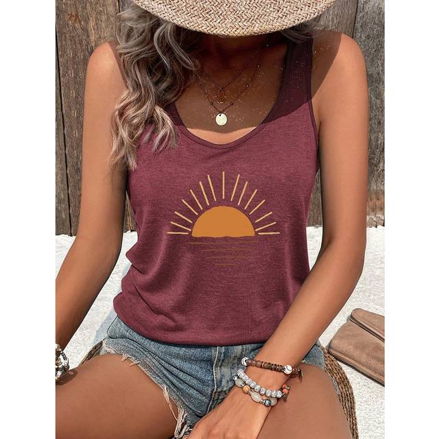INAWLY Women&#39;s Sunset Print Round Neck Casual Tank Top, Summer