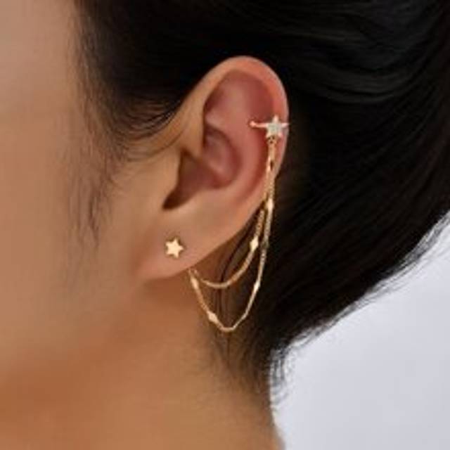 1 par fashionabla minimalistiska mikroinläggningar Zirconia Star Tofs Clip-on Ear Cuff örhängen - Gult guld (En-Storlek)