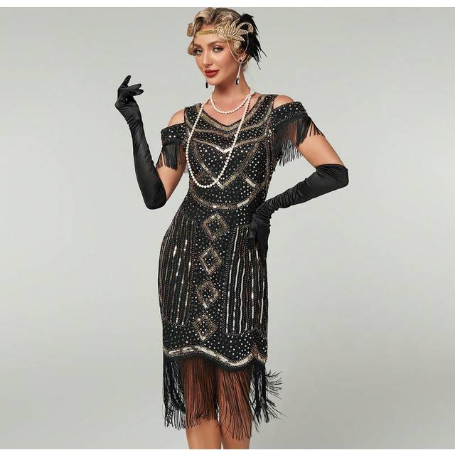 SHEIN Women&#39;s 1920s Vintage Tassel Decor Dress, Suitable For Party And Evening Occasions Elegant Cocktail Semi Formal Prom Wedding Guest Dress, For Birthday