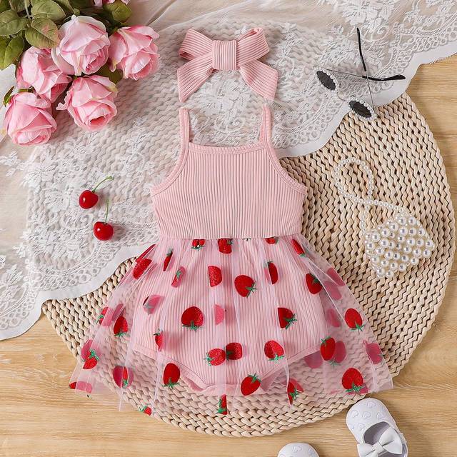 SHEIN Baby Girl Fashionable Strawberry & Mesh Contrast Camisole Bodysuit With Headband, Summer