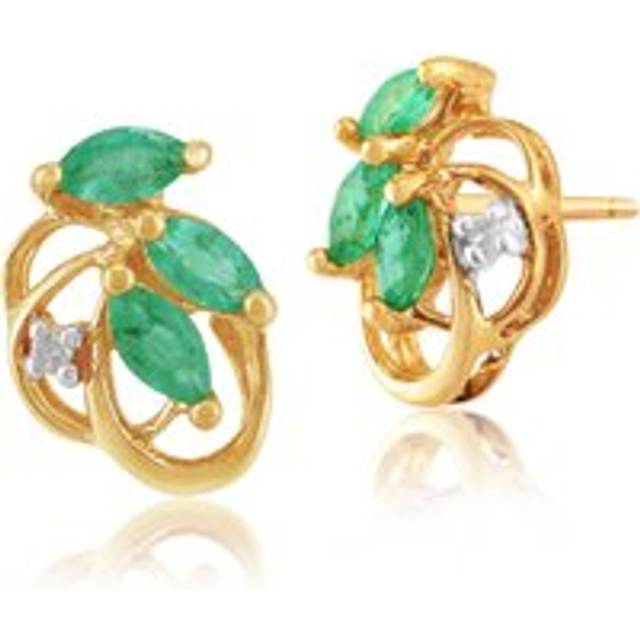 Floral Marquise Emerald & Diamond Stud Earrings in 9ct Yellow Gold