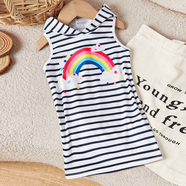 SHEIN Cute Knitted Cartoon Pattern Striped Sleeveless Hooded Dress For Baby Girl, Summer