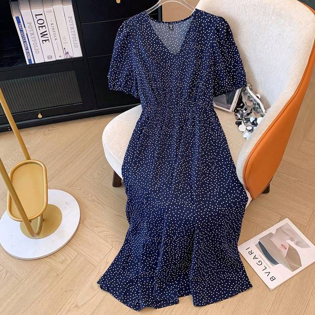 SHEIN Plus Size Women Summer Polka Dot Print V-Neck Short Puff Sleeve Long Elegant Dress Maxi Women Outfit
