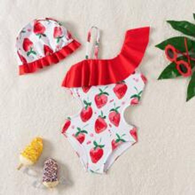 Baby Girl Jordgubbstryckt badkläder med volang fåll och ihålig design - Multifärgad (6-9M,9-12M,12-18M,18-24M,2-3Y)