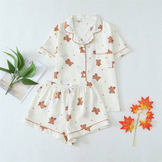 SHEIN 2pcs/Set Women&#39;s Pajama Set With Teddy Bear Print, Short Sleeve Button-Up Top And Shorts, Summer Casual Home Wear,Two Piece Set