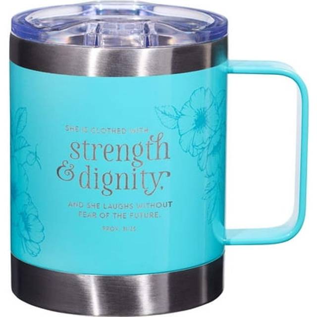 Christian Art Gifts Stainless Steel Double Wall Vacuum Insulated Camp Style Travel Mug 11 oz Floral Teal Coffee Mug with Lid and Handle for Women - St