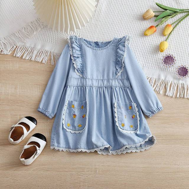 SHEIN Baby Girls&#39; Long Sleeve Denim Dress With Embroidery & Lace Trim