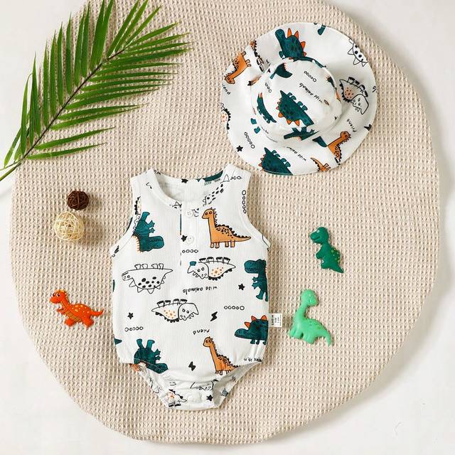 SHEIN Baby Boys&#39; Casual Dinosaur Print Romper + Hat, Summer Dinosaur Clothesdinosaur Outfitbaby Boy Clothes>Animalboys Dinosaur Clothesnewborn Clothes Unise
