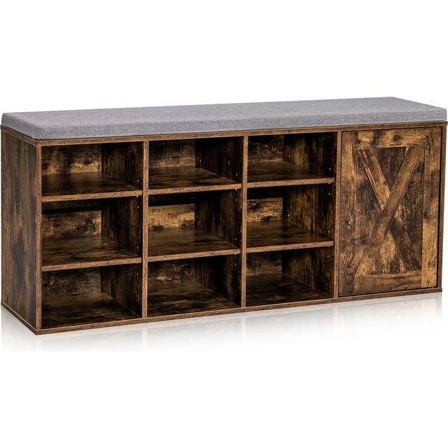 Costway 9 Cube Rustic Brown Shoe Storage Bench with Padded Cushion - 122 x 37 x 17cm