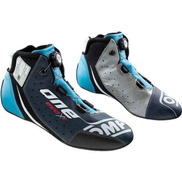 OMP One Evo X R Race Boots - UK 4 / Eur 37, Navy Blue / Silver / Cyan
