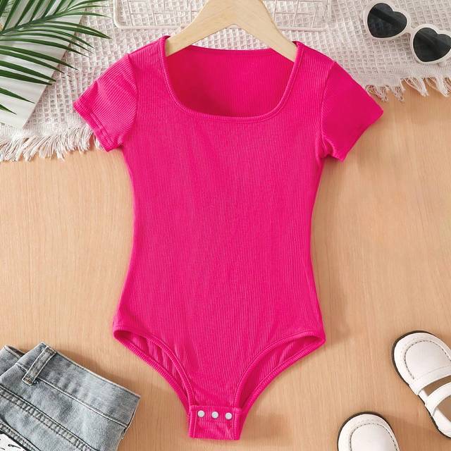 SHEIN Tween Girl Solid Knit Street Style Bodysuit, Versatile, Short Sleeves, Bright Pink, Spring/Summer