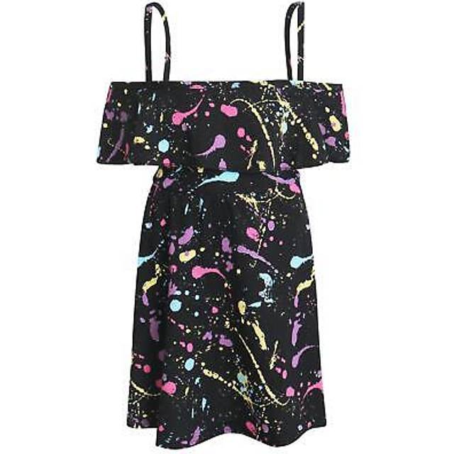 Kids girls off shoulder dress trendy pastel splash print fashion party dresss