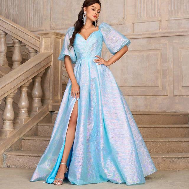 SHEIN Women&#39;s Gorgeous And Elegant Light Texture Coated Fabric Cage Sleeves Women&#39;s High Waist Design Sweetheart Neck Back Adjustable Strappy Dress Slit For