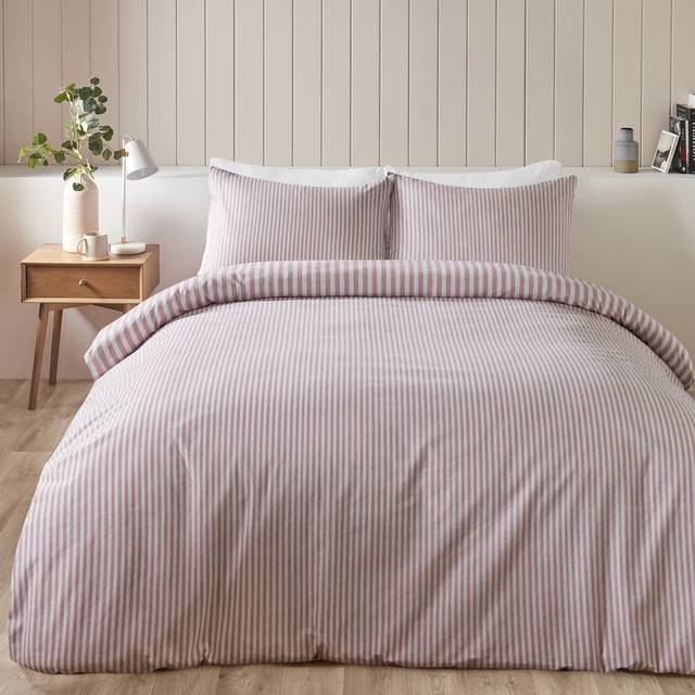 Catherine Lansfield Stripe Brushed Duvet Cover Bedding Set Blush - Pink