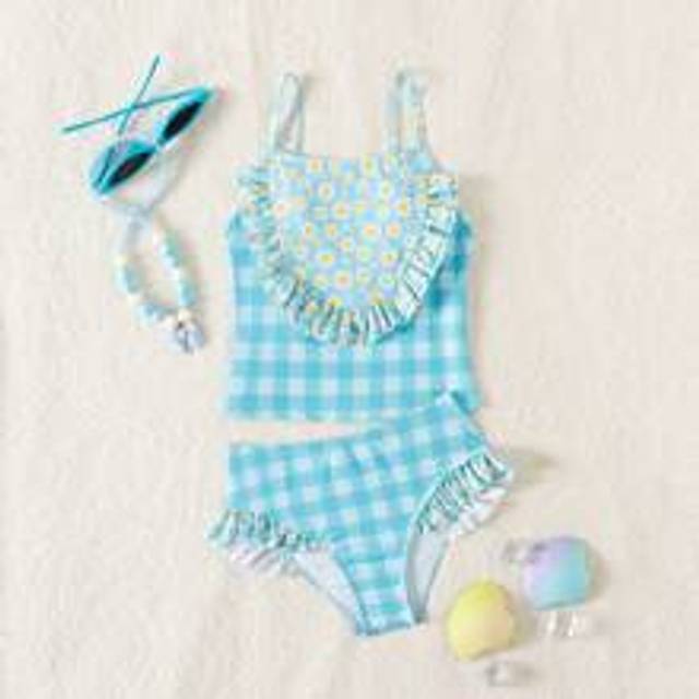 Tween flicka Gingham och Daisy blommigt tryck volang Trim Bikini Set Summer Beach - Multifärgad (8Y,9Y,10Y,11Y,12Y)