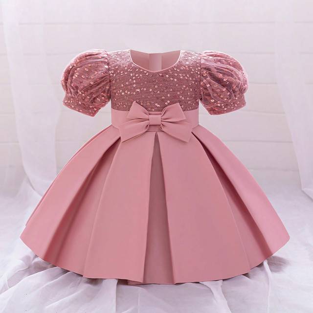 SHEIN Baby Girls Solid Color Sequined Tulle Bow Decorated Cute Flower Girl Party Dress, Suitable For Outdoor Party, Excluding Hair Accessories